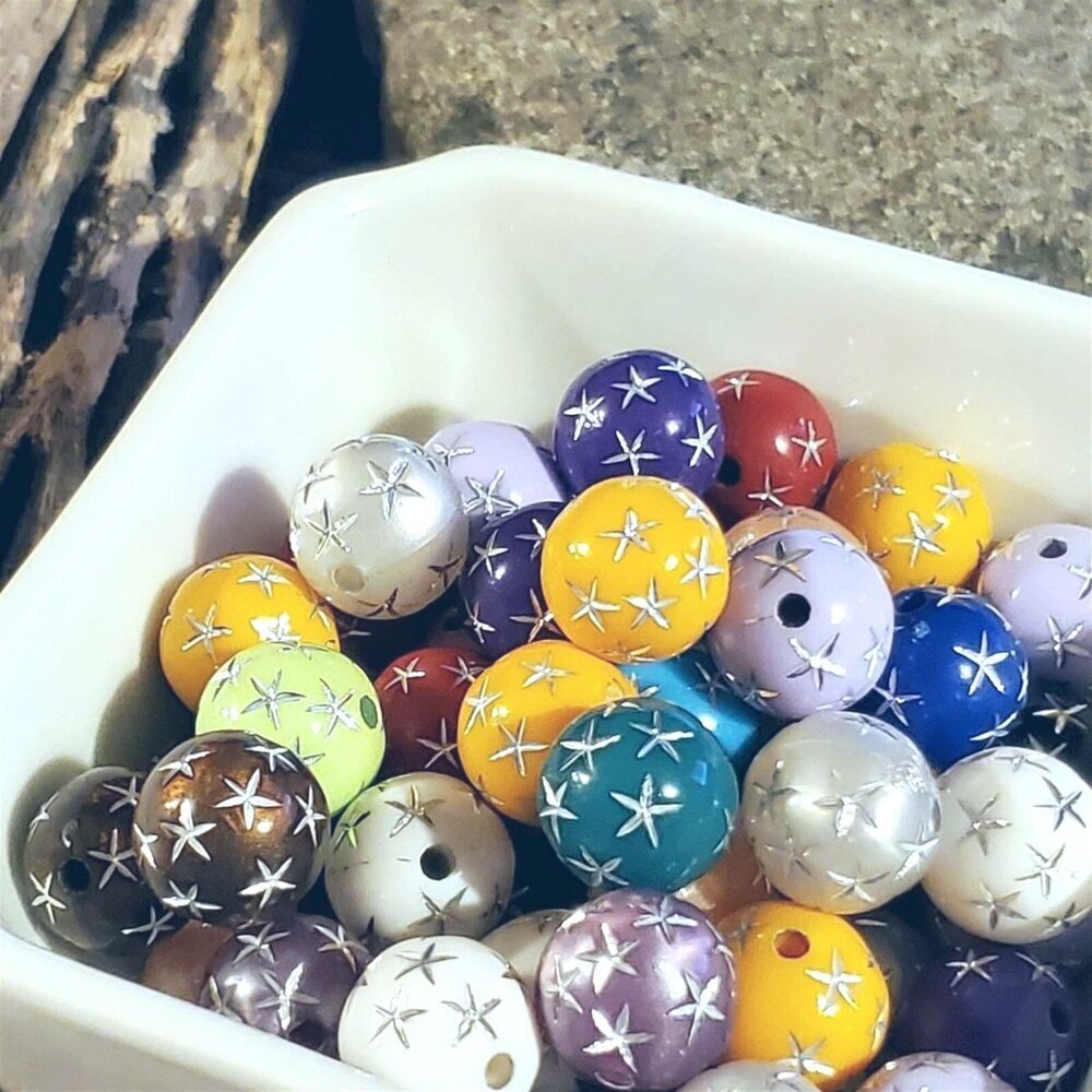 Vintage Retro Mixed Colors Silver Stars 12mm Round Acrylic Shabby Beads 10 pcs